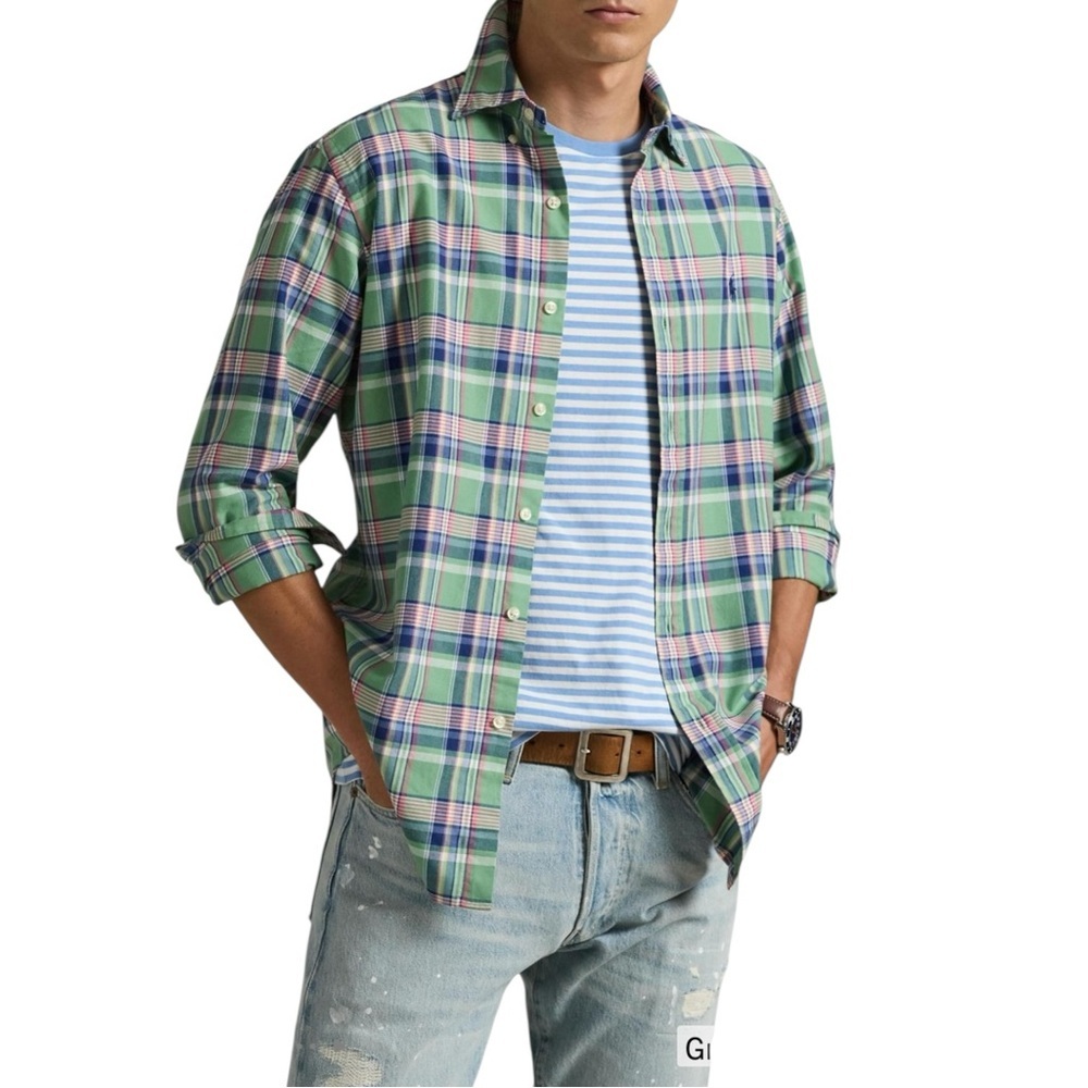 Ralph Lauren Classic Fit Blue Green Plaid Button Down Shirt M Pony Logo Mens